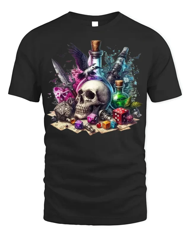 Skull Dice Potion Fantasy Gaming Graphic T-Shirt - black t-shirt on white background