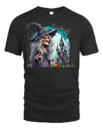 Creepy Witch Haunted Castle Halloween Graphic T-Shirt - black t-shirt on white background