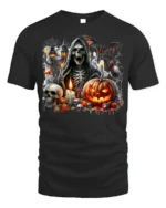 Grim Reaper Pumpkin Skull Halloween Graphic T-Shirt - black t-shirt on white background