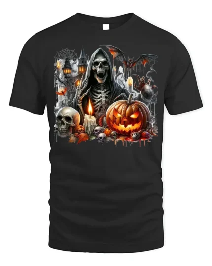 Grim Reaper Pumpkin Skull Halloween Graphic T-Shirt - black t-shirt on white background