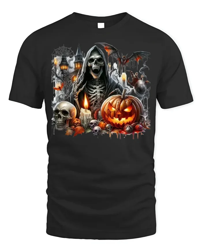 Grim Reaper Pumpkin Skull Halloween Graphic T-Shirt - black t-shirt on white background