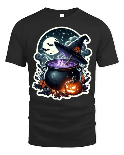 Witch Cauldron Pumpkin Moon Halloween Graphic T-Shirt - black t-shirt on white background