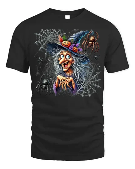 Creepy Witch Spider Web Halloween Graphic T-Shirt - black t-shirt on white background