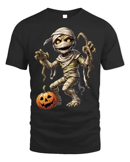 Creepy Mummy Pumpkin Halloween Night Graphic T-Shirt - black t-shirt on white background