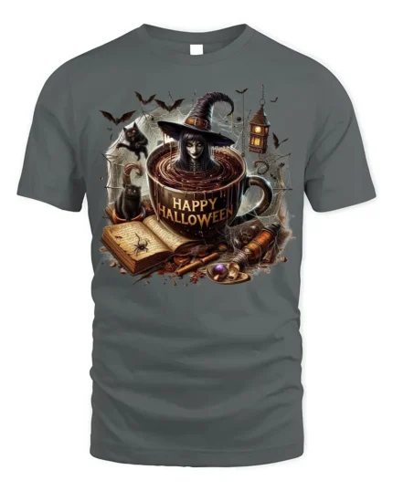 Halloween Witch Coffee Mug Graphic Print T-Shirt - gray t-shirt on white background