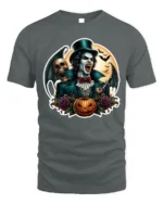 Vampire Skull Pumpkin Gothic Halloween Graphic T-Shirt - gray t-shirt on white background