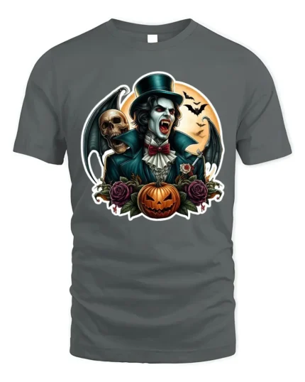 Vampire Skull Pumpkin Gothic Halloween Graphic T-Shirt - gray t-shirt on white background