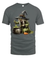 Witch Stirring Cauldron Pumpkin Halloween T-Shirt - gray t-shirt on white background