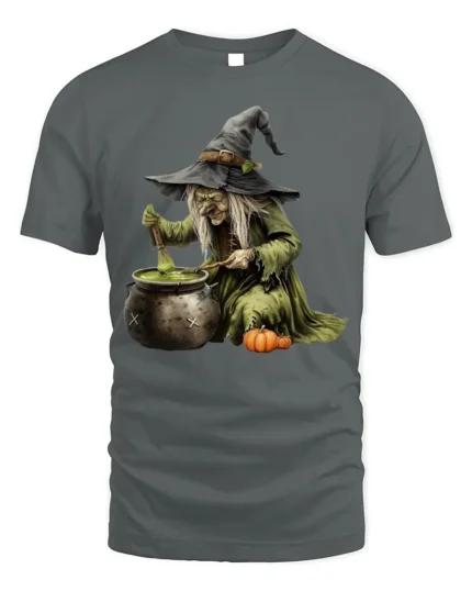 Witch Stirring Cauldron Pumpkin Halloween T-Shirt - gray t-shirt on white background