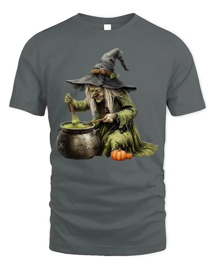Witch Stirring Cauldron Pumpkin Halloween T-Shirt - gray t-shirt on white background