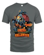 Flying Witch Broomstick Pumpkin Halloween Graphic T-Shirt - gray t-shirt on white background