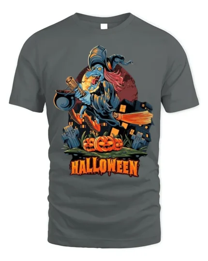 Flying Witch Broomstick Pumpkin Halloween Graphic T-Shirt - gray t-shirt on white background
