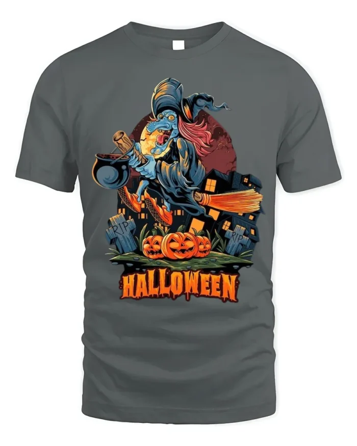 Flying Witch Broomstick Pumpkin Halloween Graphic T-Shirt - gray t-shirt on white background