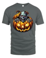 Zombie Creeping Out Pumpkin Halloween Graphic T-Shirt - gray t-shirt on white background