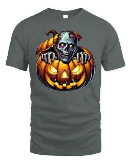 Zombie Creeping Out Pumpkin Halloween Graphic T-Shirt - gray t-shirt on white background