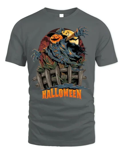 Pumpkin Scarecrow Haunted Halloween Night T-Shirt - gray t-shirt on white background