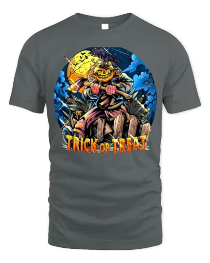 Pumpkin Scarecrow Trick or Treat Halloween T-Shirt - gray t-shirt on white background