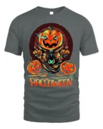 Evil Pumpkin Head Creepy Halloween Graphic T-Shirt - gray t-shirt on white background