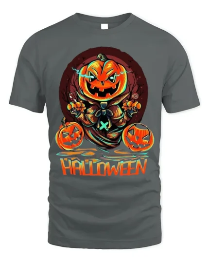 Evil Pumpkin Head Creepy Halloween Graphic T-Shirt - gray t-shirt on white background