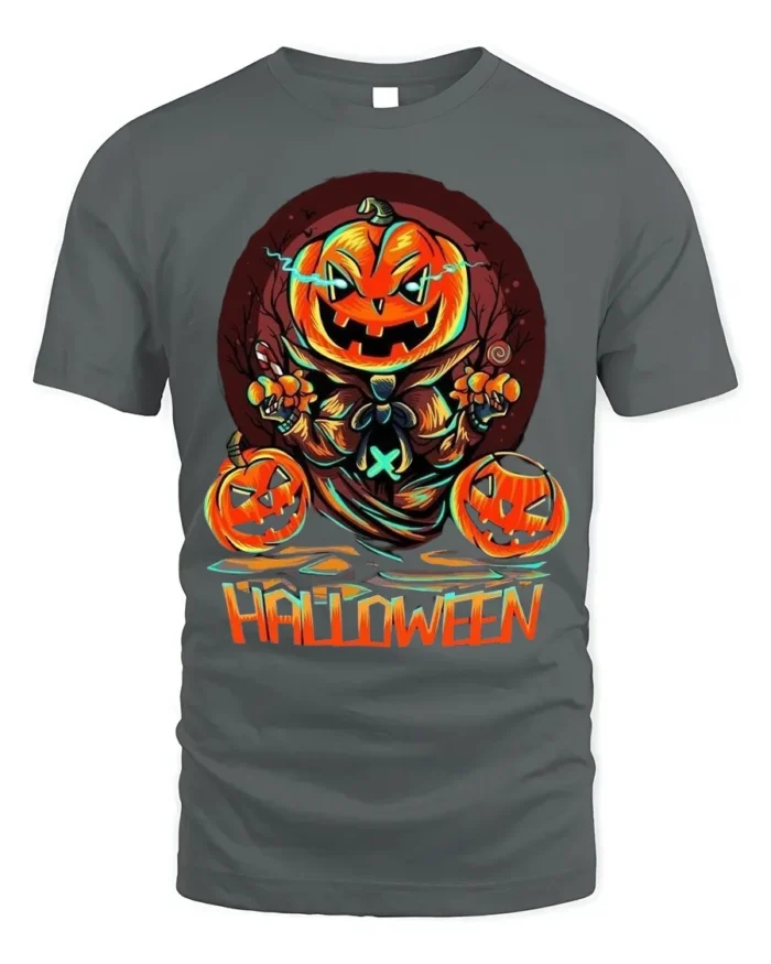 Evil Pumpkin Head Creepy Halloween Graphic T-Shirt - gray t-shirt on white background