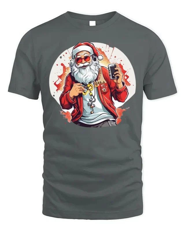 Cool Santa Claus Music Headphones Christmas T-Shirt - gray t-shirt on white background