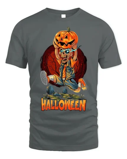 Halloween Skeleton Pumpkin Head Graphic T-Shirt - gray t-shirt on white background