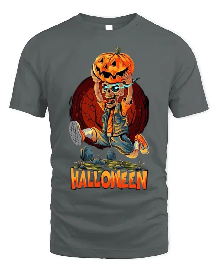 Halloween Skeleton Pumpkin Head Graphic T-Shirt - gray t-shirt on white background
