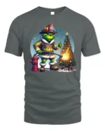 Funny Firefighter Grinch Christmas Tree Graphic T-Shirt - gray t-shirt on white background