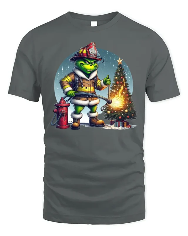 Funny Firefighter Grinch Christmas Tree Graphic T-Shirt - gray t-shirt on white background