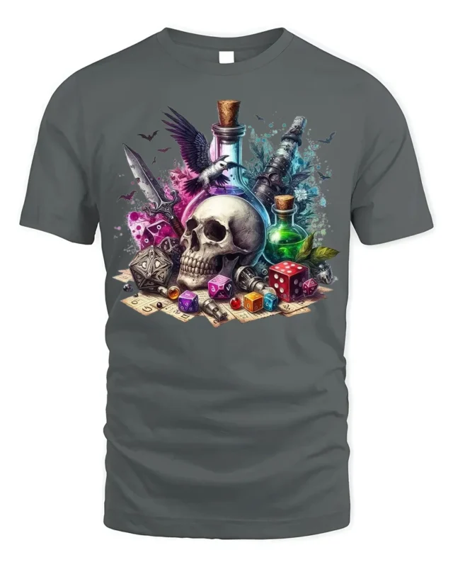 Skull Dice Potion Fantasy Gaming Graphic T-Shirt - gray t-shirt on white background