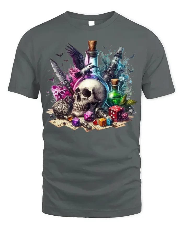 Skull Dice Potion Fantasy Gaming Graphic T-Shirt - gray t-shirt on white background