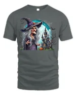 Creepy Witch Haunted Castle Halloween Graphic T-Shirt - gray t-shirt on white background