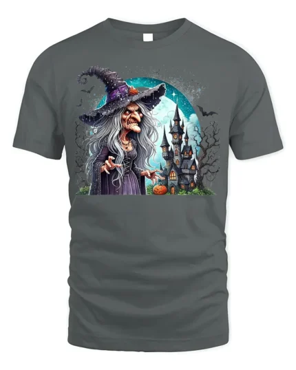 Creepy Witch Haunted Castle Halloween Graphic T-Shirt - gray t-shirt on white background