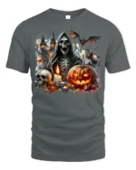 Grim Reaper Pumpkin Skull Halloween Graphic T-Shirt - gray t-shirt on white background