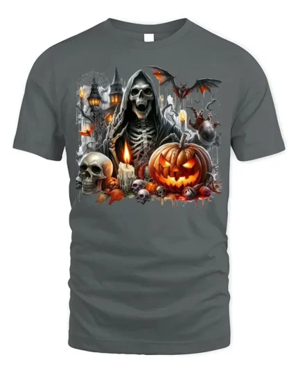 Grim Reaper Pumpkin Skull Halloween Graphic T-Shirt - gray t-shirt on white background