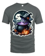 Witch Cauldron Pumpkin Moon Halloween Graphic T-Shirt - gray t-shirt on white background