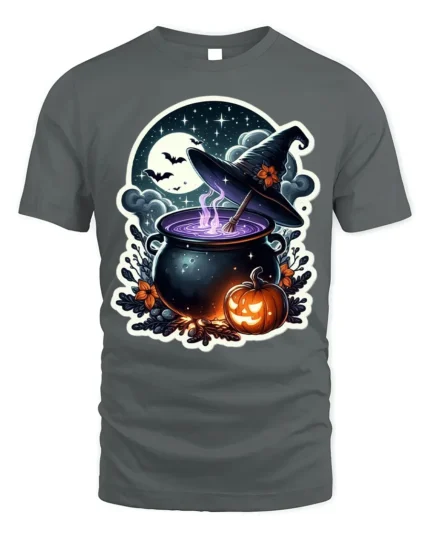Witch Cauldron Pumpkin Moon Halloween Graphic T-Shirt - gray t-shirt on white background