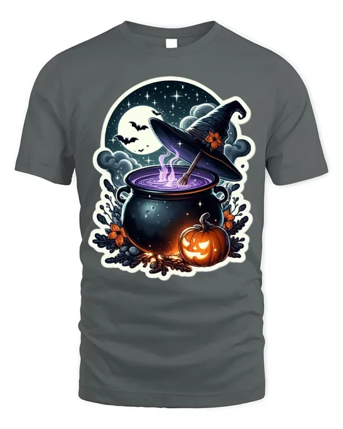Witch Cauldron Pumpkin Moon Halloween Graphic T-Shirt - gray t-shirt on white background