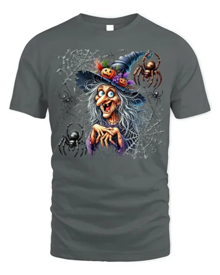 Creepy Witch Spider Web Halloween Graphic T-Shirt - gray t-shirt on white background
