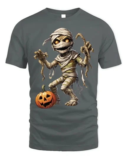 Creepy Mummy Pumpkin Halloween Night Graphic T-Shirt - gray t-shirt on white background