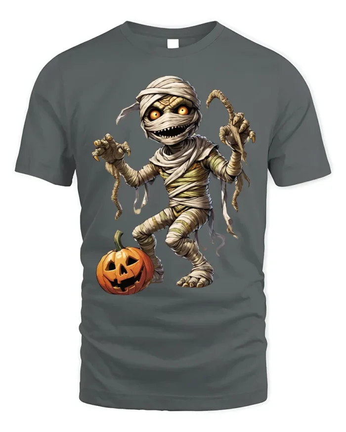Creepy Mummy Pumpkin Halloween Night Graphic T-Shirt - gray t-shirt on white background