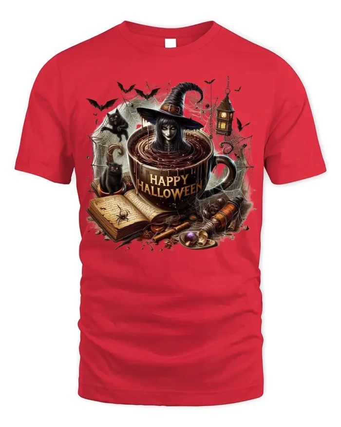 Halloween Witch Coffee Mug Graphic Print T-Shirt - red t-shirt on white background