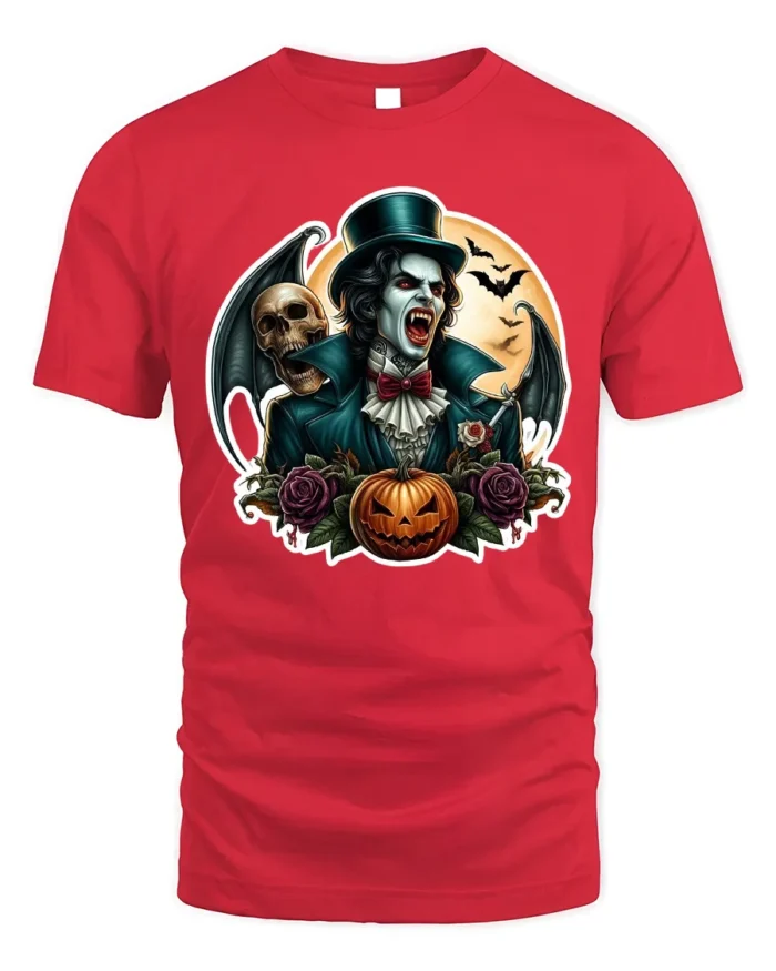 Vampire Skull Pumpkin Gothic Halloween Graphic T-Shirt - red t-shirt on white background