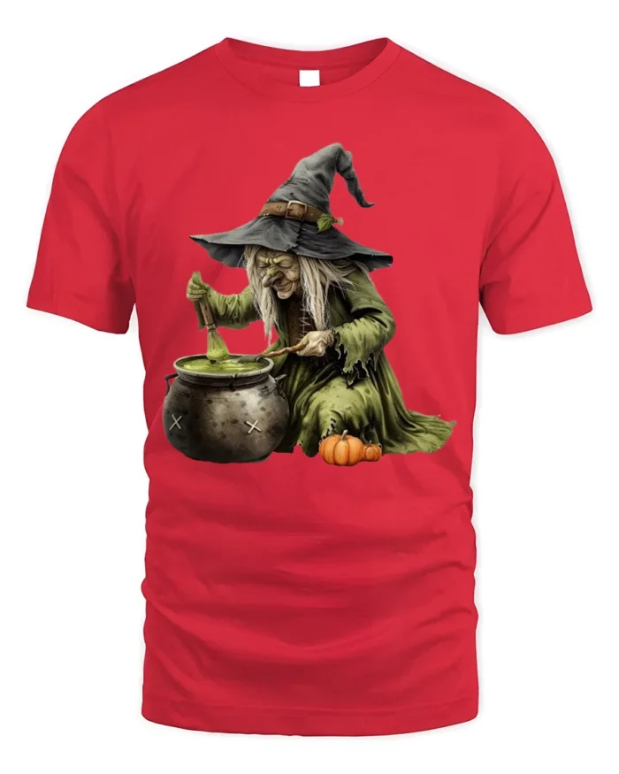 Witch Stirring Cauldron Pumpkin Halloween T-Shirt - red t-shirt on white background