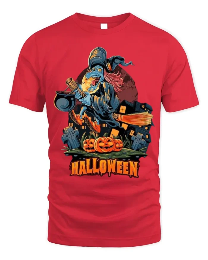 Flying Witch Broomstick Pumpkin Halloween Graphic T-Shirt - red t-shirt on white background
