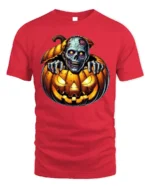 Zombie Creeping Out Pumpkin Halloween Graphic T-Shirt - red t-shirt on white background