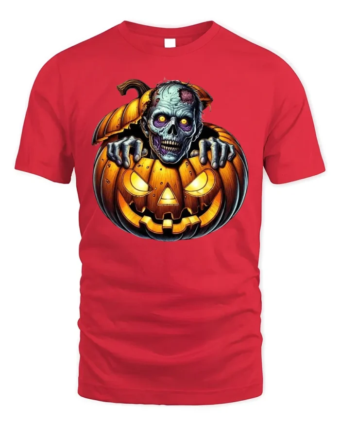 Zombie Creeping Out Pumpkin Halloween Graphic T-Shirt - red t-shirt on white background