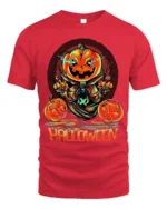 Evil Pumpkin Head Creepy Halloween Graphic T-Shirt - red t-shirt on white background
