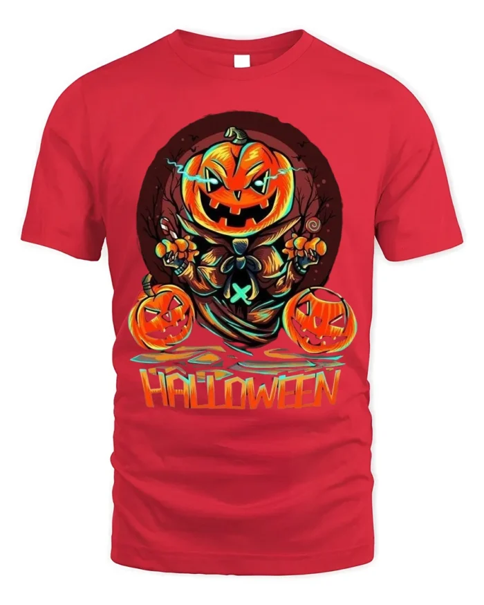 Evil Pumpkin Head Creepy Halloween Graphic T-Shirt - red t-shirt on white background
