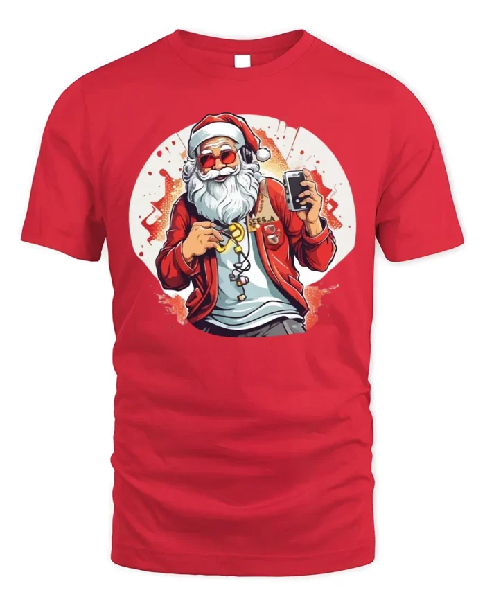 Cool Santa Claus Music Headphones Christmas T-Shirt - red t-shirt on white background
